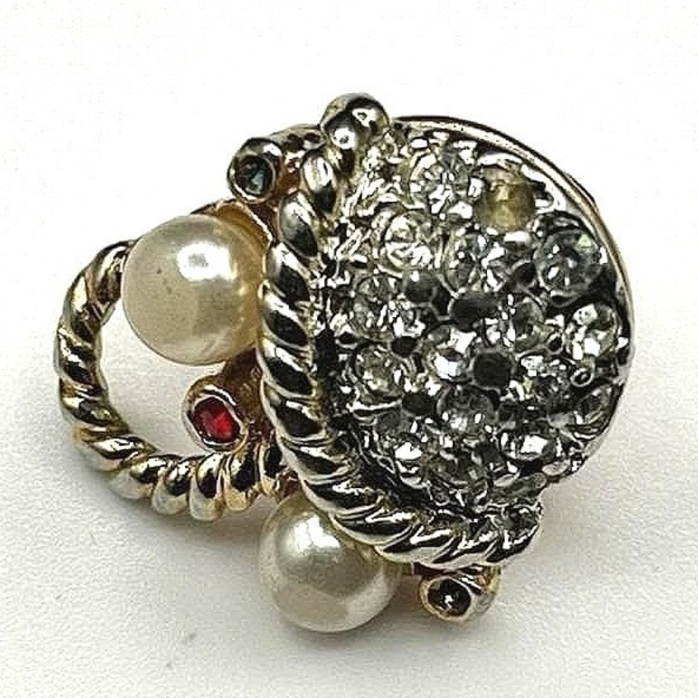 Vintage Mother Of Pearl Rhinestone Twisted Rope Bezel Basket Charm Brooch Pin